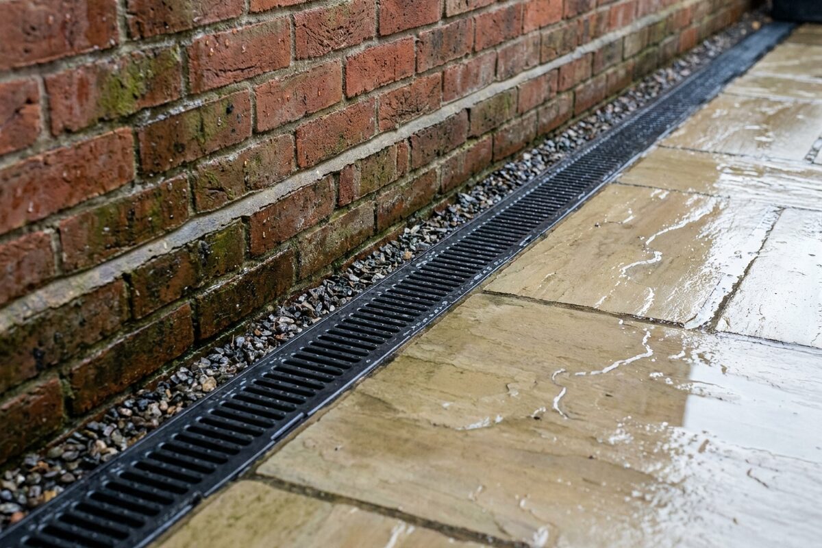 A linear channel drain with a metal grating running along the base of a red brick house wall, with a gravel margin beside it and rainwater running off wet sandstone paving into the channel.